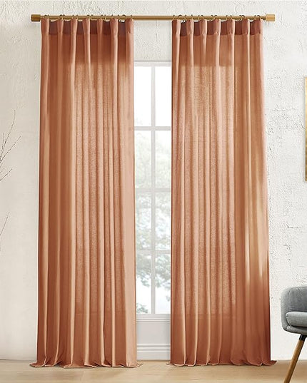 XTMYI Rusty Burnt Orange Curtains 2 Panels,Sheer Linen Medium Dusty Mecca Ocher Tone Rustic Cabin Curtains for Bedroom Living Room,108 Inches Long,Light Brown Red