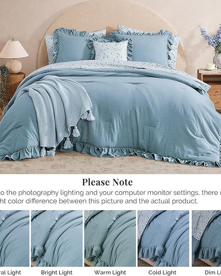 King Comforter Set - 7 Pieces Ruffle Blue Bedding Sets, Shabby Chic Farmhouse Bed in a Bag King with Ruffle Comforter, Floral Sheets, Pillowcases & Shams