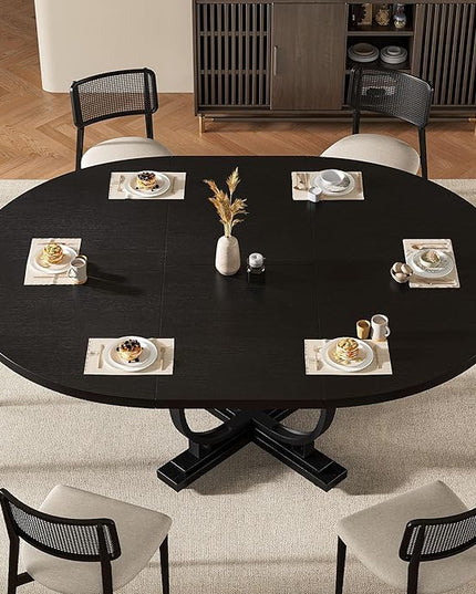 59" Round Extendable Dining Table for 4-6, Modern Oval Kitchen Table with Heavy Duty Curved Legs & Wood X-Based, MDF Board with Spring Buckle, Space Saving, Dining Kitchen Living Room, Black