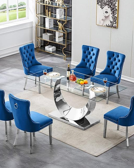 7 Piece Dining Table Set, Modern Glass Dining Table Set for 6, 70" Luxury Glass Table w/Silver Stainless Steel Base & 6 Blue Tufted Chairs, Kitchen Dining Room Sets for 6 for Breakfast Dinner Dinette