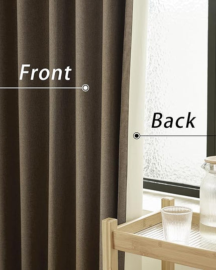 DUALIFE 100% Blackout Linen Brown Curtains 84 Inch for Living Room Darkening, Bedroom Linen Drapes 84 Inches Long Rod Pocket/Back Tab Heat Blocking Bohemian Pleated Window Curtain(50"x84"x2)