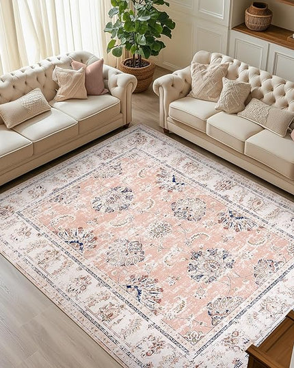 jinchan Fiora 8x10 Area Rugs for Living Room - Machine Washable Vintage Floral Distressed Design Stain Resistant Boho Carpet Low Pile Non-Slip Rug for Bedroom Dining Room Home Office (8‘x10', Pink)
