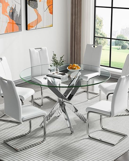 HomVent Round Glass Dining Table Set for 6, 7-Piece Modern Kitchen Table Set with 6 PU Upholstered Chair for Kitchen Dining Room, Glass Dining Room Table Set
