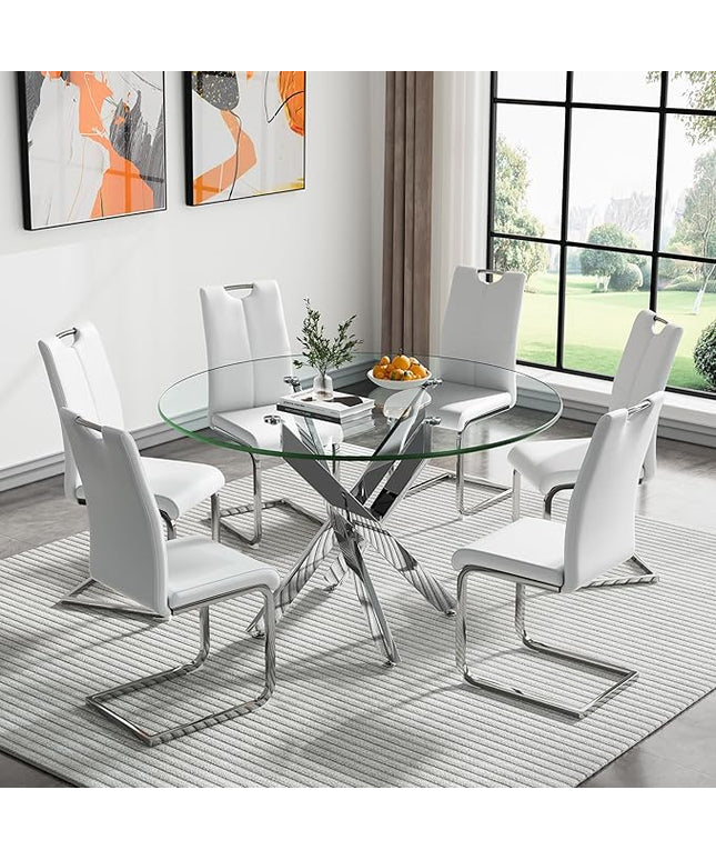 HomVent Round Glass Dining Table Set for 6, 7-Piece Modern Kitchen Table Set with 6 PU Upholstered Chair for Kitchen Dining Room, Glass Dining Room Table Set