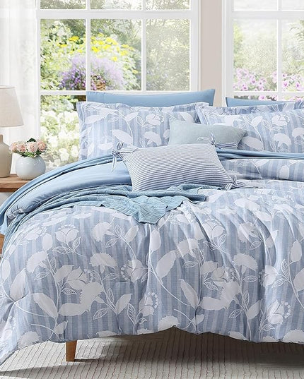King Comforter Set -7 Pieces Blue Floral Comforter Set for All Seasons, Bed in a Bag King with Botanical Flowers Comforter, Sheets, Pillowcases & Shams