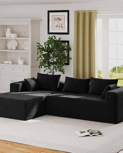 ALISH 111 Inch L-Shaped Cloud Sectional Sofa Couch, Compression Couch with Chaise, Modular Deep Seat Boneless Design for Easy Setup, Plush Upholstered Living Room Bedroom Apartment Furniture, Black