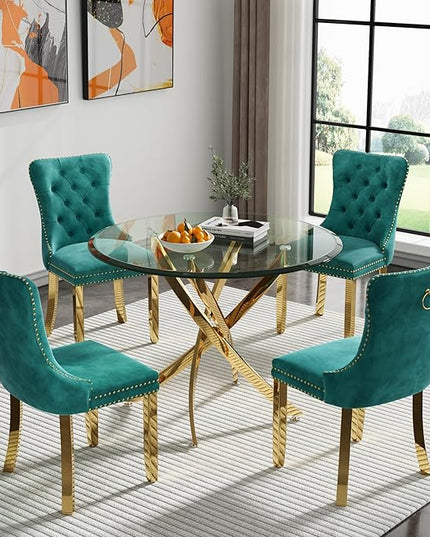 HomVent Round Glass Dining Table Set for 4, Modern Tempered Glass Kitchen Table Set and Chairs, Round Glass Dining Room Table Set for Kitchen (Gold, 36 inch Gold Table with 4 Green Chairs)