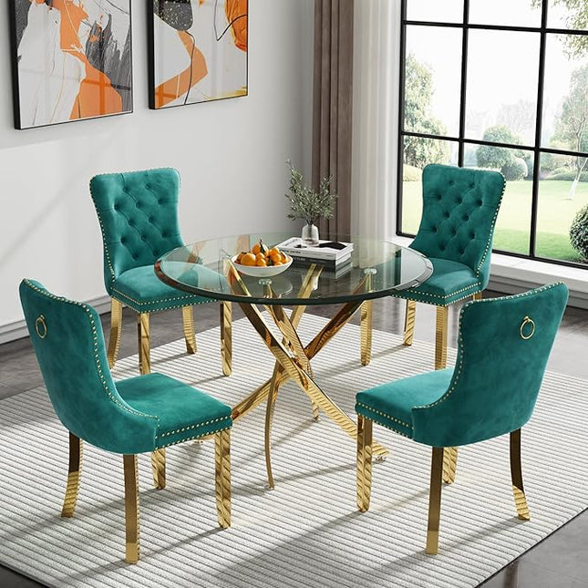 HomVent Round Glass Dining Table Set for 4, Modern Tempered Glass Kitchen Table Set and Chairs, Round Glass Dining Room Table Set for Kitchen (Gold, 36 inch Gold Table with 4 Green Chairs)