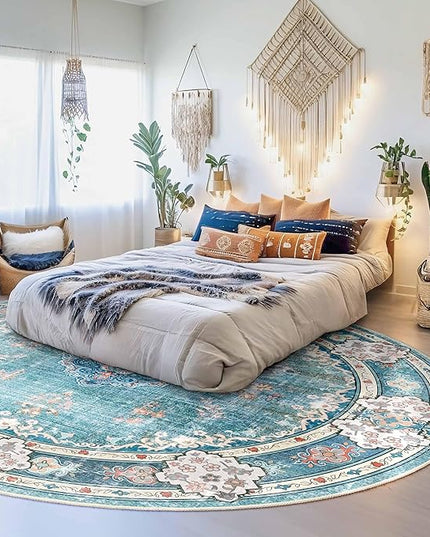 MUJOO Teal Round Rug 9ft,Large Circle Washable Area Rugs for Bedroom Living Room Bathroom,Boho Non Slip Circular Carpet,Floral