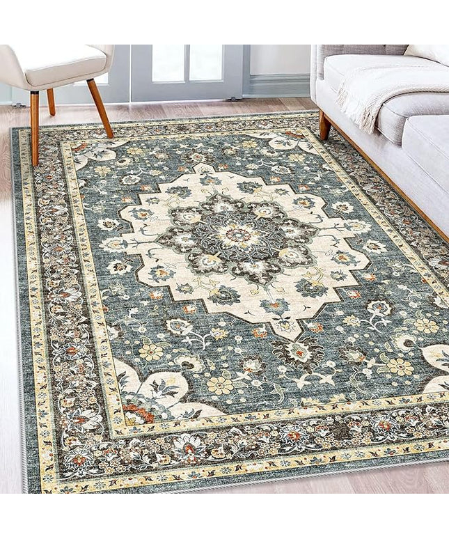 Washable Oriental Area Rug - 5x8 Rugs for Living Room Soft Carpet for Bedroom Waterproof Floral Distressed Indoor Stain Resistant Non-Shedding Floor Carpets (Blue, 5x8)