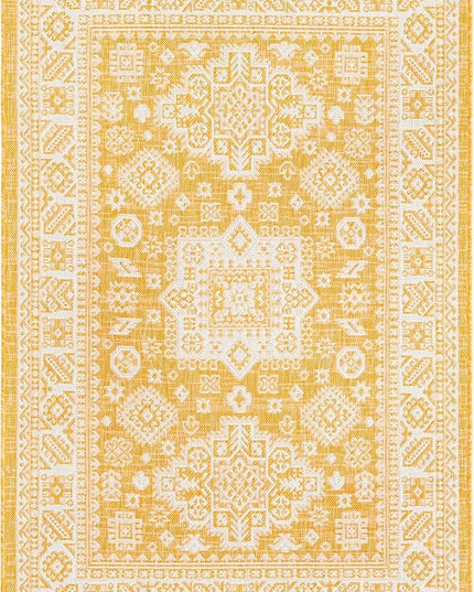 Rugs.com Outdoor Aztec Collection Rug – 4' x 6' Yellow Flatweave Rug Perfect for Living Rooms, Large Dining Rooms, Open Floorplans