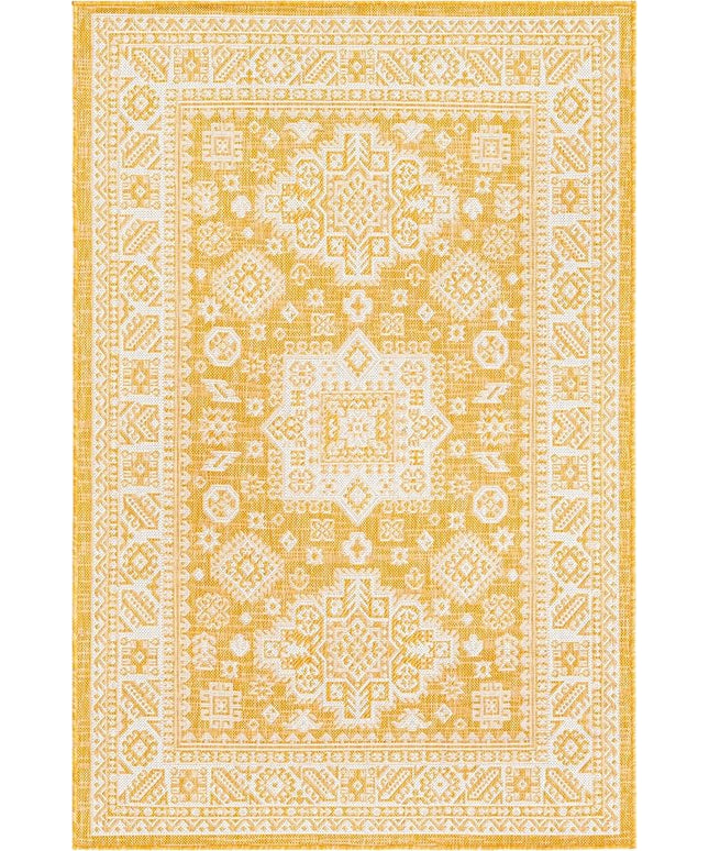 Rugs.com Outdoor Aztec Collection Rug – 4' x 6' Yellow Flatweave Rug Perfect for Living Rooms, Large Dining Rooms, Open Floorplans