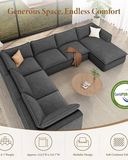 Vesgantti 141.7" Oversized Boneless Sectional Couch, Modern 7 Seater Modular Sofa with Chaise, Deep Seat Convertible Corduroy Cloud Couches for Living Room, No Assembly Required, Dark Gray