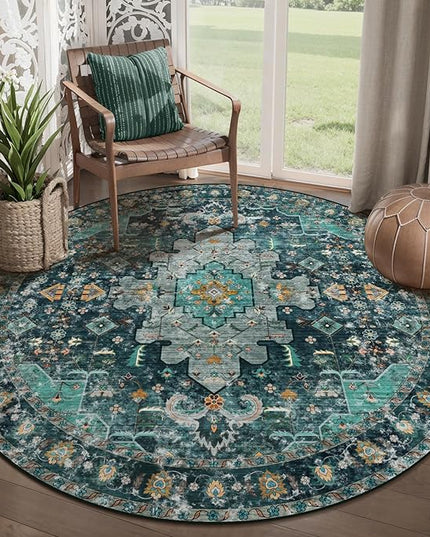 Ciicool Washable Area Rug Round 5’x5’ Teal Boho Bedroom Non-Slip Oriental Entry Throw Low-Pile Indoor Floor Carpet for Dining Room Laundry Foyer Decor (Teal/Multi)