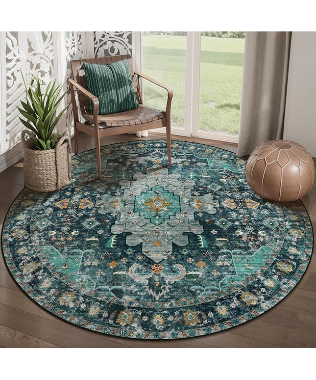 Ciicool Washable Area Rug Round 5’x5’ Teal Boho Bedroom Non-Slip Oriental Entry Throw Low-Pile Indoor Floor Carpet for Dining Room Laundry Foyer Decor (Teal/Multi)