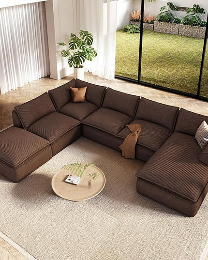Vesgantti 141.7" Oversized Boneless Sectional Couch, Modern 7 Seater Modular Sofa with Chaise & Ottoman, Deep Seat Corduroy Cloud Couches for Living Room, No Assembly Required, Dark Brown