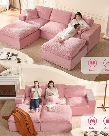 106.3” Sectional Couches for Living Room, Cloud Couch, Modular Sectional Sofa, Convertible Sofas Bed, Deep Seat Sofa, U Shaped Cozy Sofa Furniture Set, Corduroy, Pink