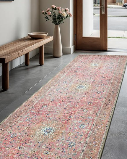 GLN Rugs Traditional Collection - Machine Washable Area Rug, Traditional Washable, Non Slip, Low Pile Chenille Rug, Living Room, Bedroom, Kitchen Rug (2'6"x10' Pink Vintage)
