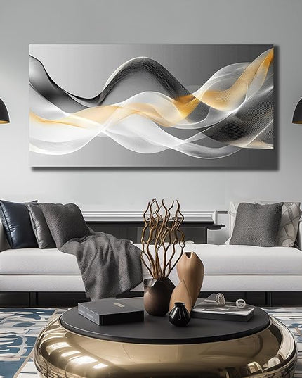 JuhaiArt Abstract Wall Art White Wall Decor for Living Room Office Large Black Canvas Art Picture Gold Artwork 29" x 59" Modern Prints