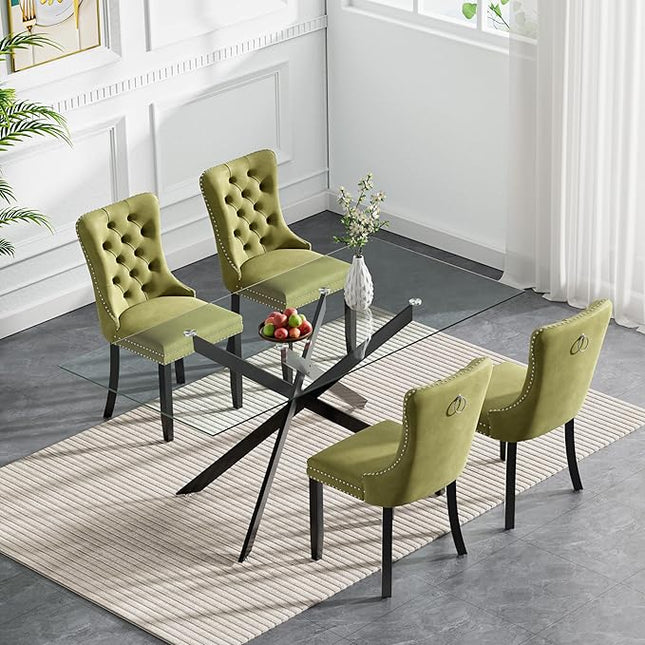 Modern 5-Piece Glass Dining Table Set for 4, Modern 60" Rectangle Black Glass Dining Room Table Set with Olive Green Velvet Tufted Chairs Wood Legs for Kitchen Dining Room