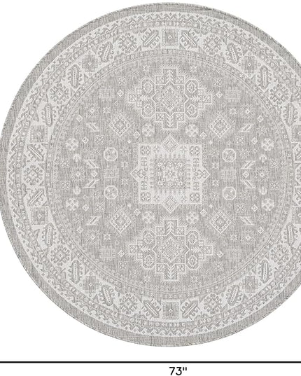 Rugs.com Outdoor Aztec Collection Rug – 6 Ft Round Light Gray Flatweave-Pile Rug Perfect for Kitchens, Dining Rooms