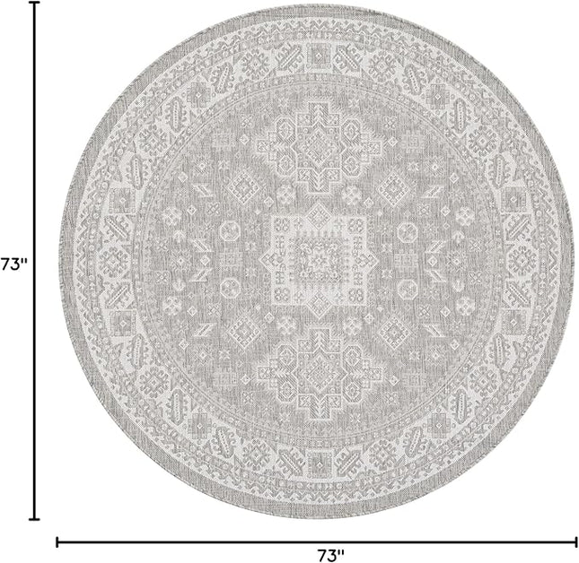 Rugs.com Outdoor Aztec Collection Rug – 6 Ft Round Light Gray Flatweave-Pile Rug Perfect for Kitchens, Dining Rooms