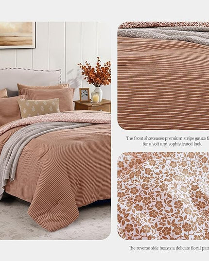 Full Comforter Set - 7 Pieces Autumn Leaf Gauze Muslin Bedding Sets for All Seasons, Lightweight Breathable Bed in a Bag Full with Revesible Farmhouse Comforter, Sheets, Pillowcases & Shams