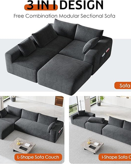 108”Modern Modular L-Shape Couch with Chaise, Modular Sectional Couches for Living Room, Deep Seat Boneless Sofa Bed, No Assembly Required Sleeper Sofa, Plush Corduroy Fabric, Dark Gray