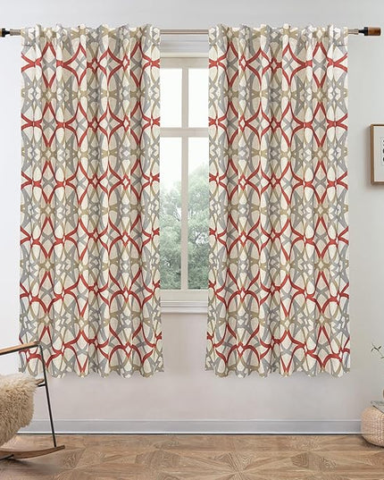DriftAway Alexander Blackout Curtains for Living Room Linen Blend Pattern Match Thermal Insulated Room Darkening Geo Moroccan Mid Century Back Tab Bedroom Drapes 2 Panels 52 x 63 Inch Linen Red
