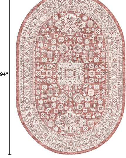 Rugs.com Outdoor Aztec Collection Rug – 5' x 8' Oval Rust Red Flatweave Rug Perfect for Living Rooms, Large Dining Rooms, Open Floorplans