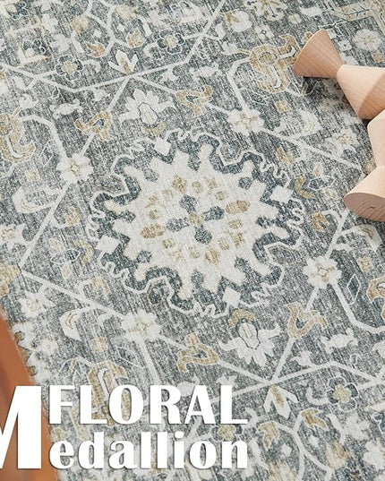 jinchan Area Rug 3x5 Washable Entryway Rug Distressed Gray Multi Vintage Floral Kitchen Print Floor Cover Indoor Doormat Retro Bathroom Living Room Bedroom Office Farmhouse Grey