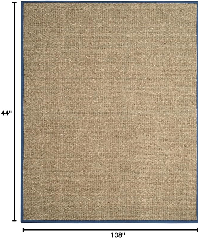 SAFAVIEH Area Rug 9x12 - Natural Fiber Collection - Large - Natural & Navy, Seagrass, Basketweave Pattern with Border (NF114T)