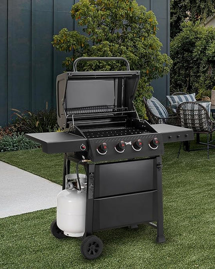 4 Burner Gas Grill, 36,000 BTU Outdoor BBQ Grill with Side Table for Outdoor Cooking & Backyard Barbecue, Premium Enameled Coated Chamber Body with Porcelain-Enameled Grates, Black