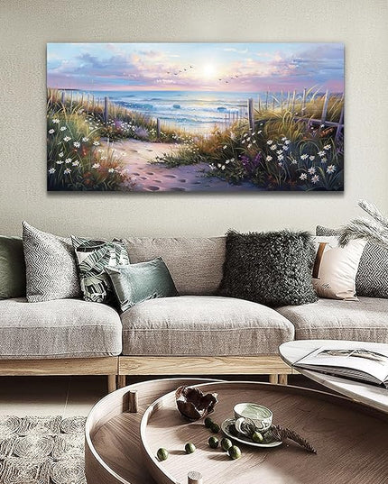 hyidecorart Large Wall Art For Living Room Canvas Wall Decor For Bedroom Blue Ocean Artwork Pictures Flower Beach Scenery Wall Painting Framed for Office Hotel Decor Modern Posters Home Decorations