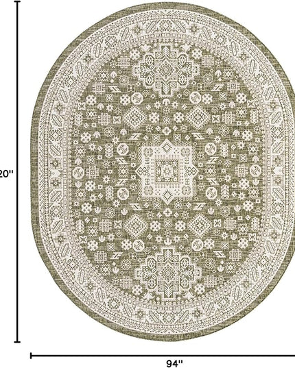 Rugs.com Outdoor Aztec Collection Rug – 8' x 10' Oval Green Flatweave Rug Perfect for Living Rooms, Large Dining Rooms, Open Floorplans