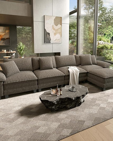 HERA'S HOUSE 158" Modular Sectional Sofa, Oversized L Shaped Couches for Living Room, Comfy Cloud Couch with Ottoman, 5-Seater Deep Seat Sofa with Throw Pillow, Chenille Ash