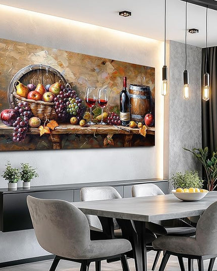 XIGUANGART Wall Art for Kitchen Grape Barrel Painting Red Wine Glass Artwork Prints for Dinning Room Bar Large Canvas Wall Decor for Living Room Office Fruit Still Life Picture Modern Home Decoration
