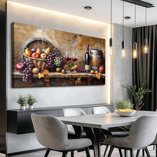 XIGUANGART Wall Art for Kitchen Grape Barrel Painting Red Wine Glass Artwork Prints for Dinning Room Bar Large Canvas Wall Decor for Living Room Office Fruit Still Life Picture Modern Home Decoration