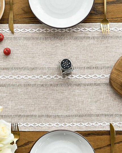 Artoid Mode Brown Rustic Cotton Linen Table Runner, Seasonal Embroidered Hollow Kitchen Dining Table Decoration for Home Party Decor 13x36 Inch