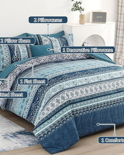 Cottolester Boho Blue Comforter Set Queen Size 8 Pieces,Teal Blue Comforter Bohemian Striped Bed in A Bag,Soft Microfiber Bedding Set for All Seasons