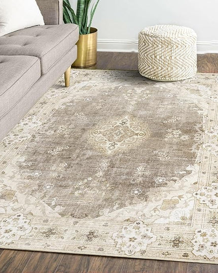 MUJOO Area Rugs 5'x7'Beige,Boho Rug for Bedroom Living Room Dining Room, Large Machine Washable Non Slip Carpet Vintage Bohemian Distressed Farmhouse,Floral