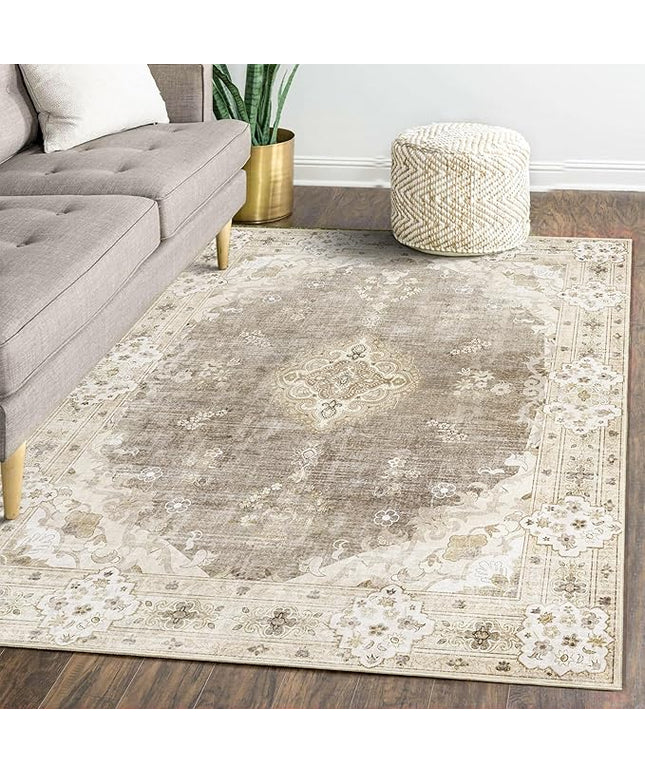 MUJOO Area Rugs 5'x7'Beige,Boho Rug for Bedroom Living Room Dining Room, Large Machine Washable Non Slip Carpet Vintage Bohemian Distressed Farmhouse,Floral