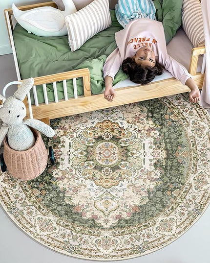 Green Round Rug 4ft,Circle Washable Area Rugs for Bedroom Bathroom Entryway,Boho Vintage Bohemian Distressed Oriental Carpet Non Slip,Sage Floral