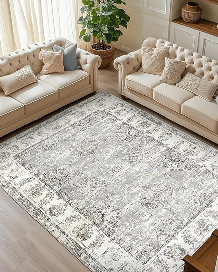 jinchan 9x12 Area Rugs for Living Room - Machine Washable Vintage Floral Distressed Design Stain Resistant Carpet Low Pile Non-Slip Large Rug for Bedroom Dining Room Home Office (9‘x12', Grey)