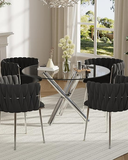 Modern Luxury Round Glass Dining Table Set for 4, 39'' Clear Circle Glass Top Kitchen Set, 5 PCS Small Minimalist Circular Dinner Room Set, Black Woven Chair, for Breakfast Nook (Silver)