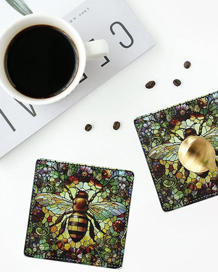 Marble Coasters Square Leather Drinks Coaster Set with Holder for Coffee Table Bar Home Decor 4 Inches Set of 6 (Bee, One Size)