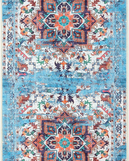 GLN Rugs Traditional Collection - Machine Washable Area Rug, Traditional Washable, Non Slip, Low Pile Chenille Rug, Living Room, Bedroom, Kitchen Rug (2'6"x10' Blue)