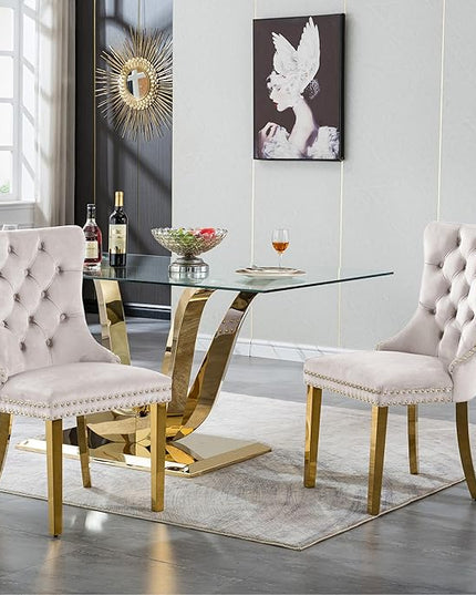 70" Modern Gold Glass Dining Table Set for 6, 7-Piece Rectangle Kitchen Dining Room Table Set with Steel Base & 6 Beige Velvet Upholstered Chairs, Modern Glass Kitchen Table and Chairs Set of 6