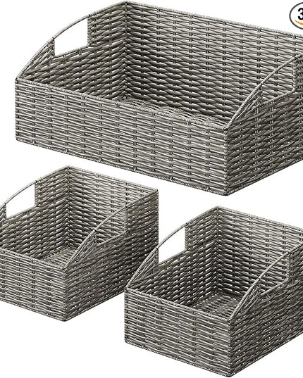 Ollieroo Rattan Storage Baskets, Handwoven Wicker Storage Bins with Built-in Handles, Storage Container Baskets for Shelves, Bedroom, Bathroom, Laundry Room or Kitchen(Grey)