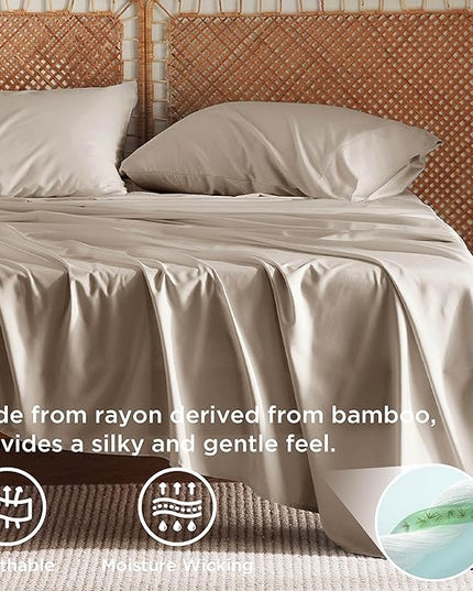 Bedsure Queen Sheet Set, Rayon Derived from Bamboo, Cooling Sheets, Breathable & Soft, Deep Pocket Up to 16 Inches, Hotel Luxury Silky Bedding for Hot Sleepers, Simply Taupe